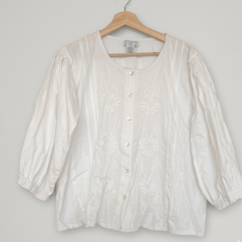 April Cornell White Cotton Embroidered Pintuck Blouse 3/4 Puff Sleeve Medium